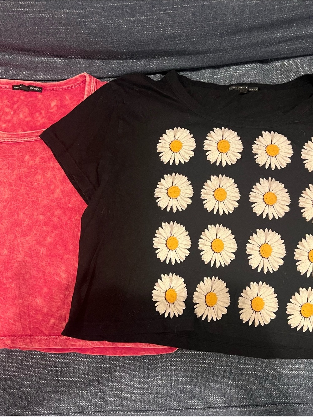 Truly Madly Deeply Black Daisy Grid Crop Tee with Pink Mineral Wash Tee